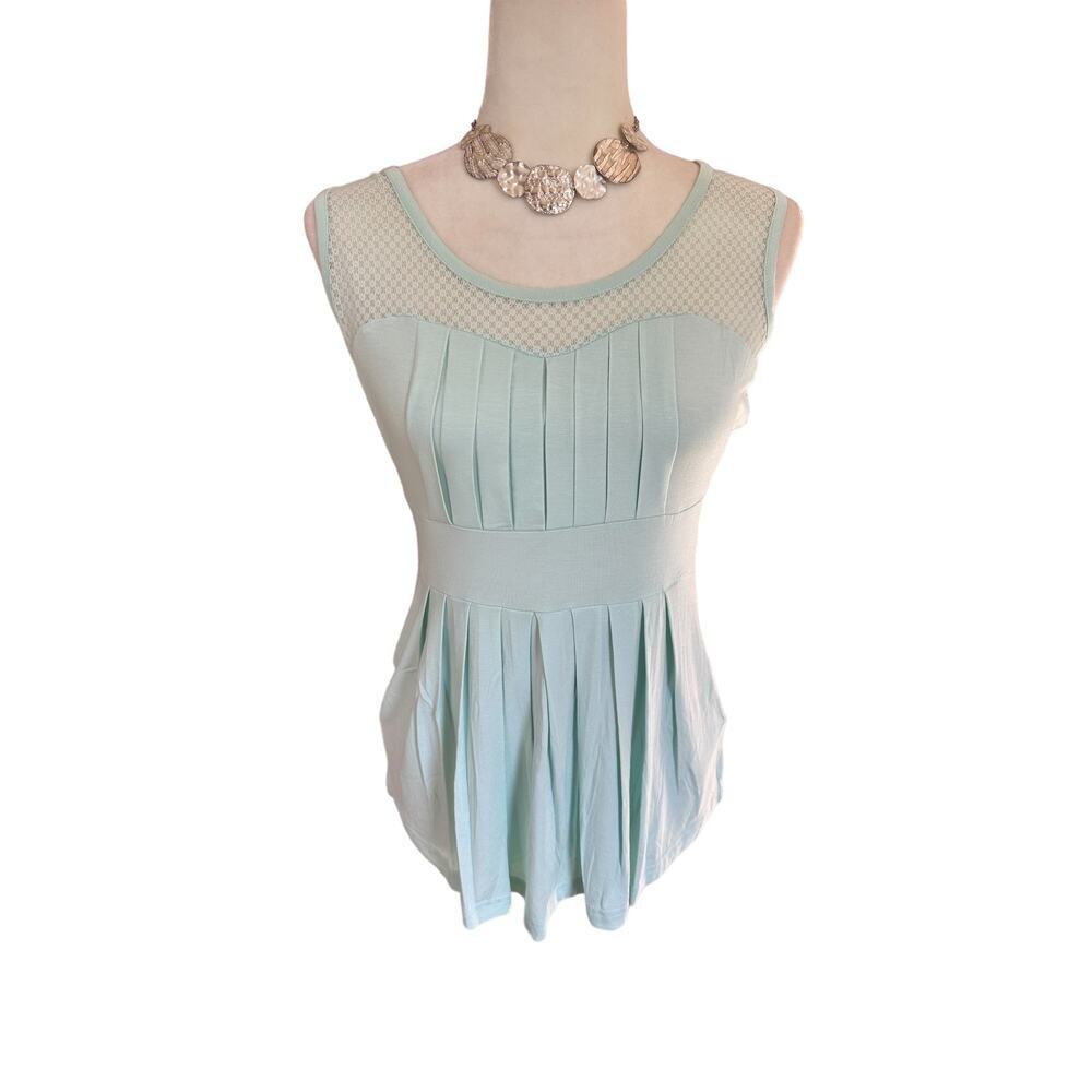 🌻 4/$25 Venus Seafoam Green Pleated Fishnet Sleeveless Top, Women's medium, NWOT